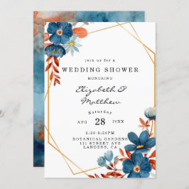 Terracotta Navy Blue Gold Floral Wedding Shower Kaart