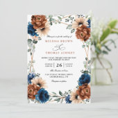 Terracotta Navy Blue Greenery Chic QR Code Wedding Kaart (Staand voorkant)