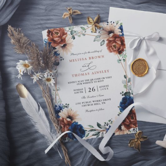 Terracotta Navy Blue Greenery Chic QR Code Wedding Kaart