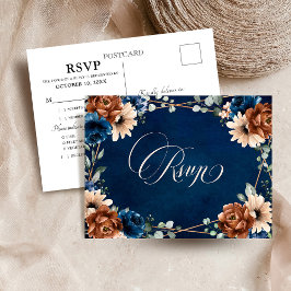 Terracotta Navy Blue Greenery Geometric RSVP Postc Briefkaart