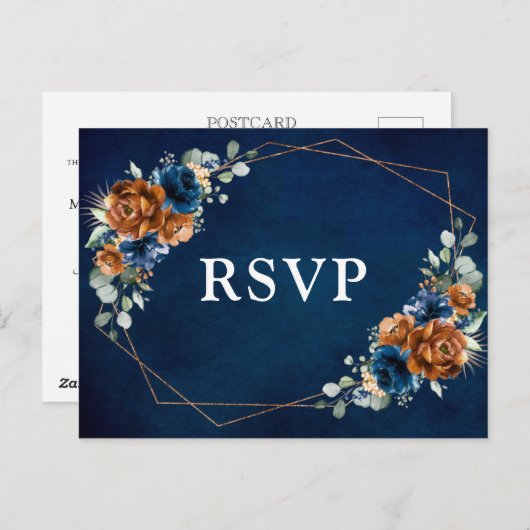 Terracotta Navy Blue Greenery Geometric RSVP Postc Briefkaart (Voorkant / Achterkant)