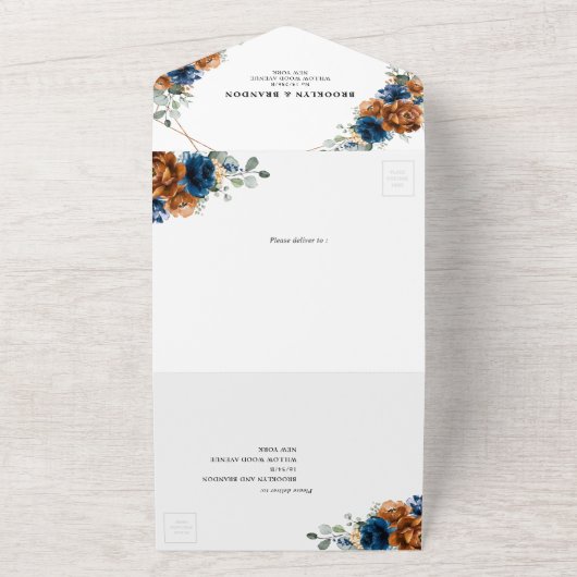 Terracotta Navy Blue Greenery Geometric Wedding Al All In One Uitnodiging (Buitenkant)