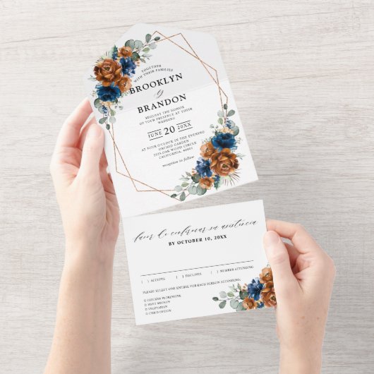 Terracotta Navy Blue Greenery Geometric Wedding Al All In One Uitnodiging (Afscheurbaar)