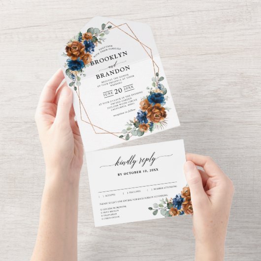 Terracotta Navy Blue Greenery Geometric Wedding All In One Uitnodiging (Afscheurbaar)