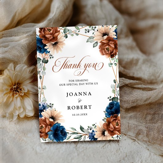 Terracotta Navy Blue Greenery Geometric Wedding Bedankkaart