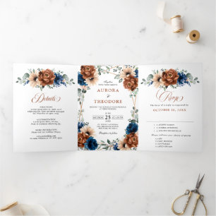 Terracotta Navy Blue Greenery Geometric Wedding Drieluik Aankondiging