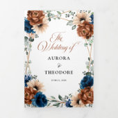 Terracotta Navy Blue Greenery Geometric Wedding Drieluik Aankondiging (Cover)