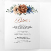 Terracotta Navy Blue Greenery Geometric Wedding Drieluik Aankondiging (Binnenzijde eerst)