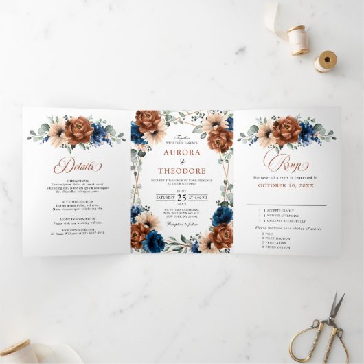 Terracotta Navy Blue Greenery Geometric Wedding Drieluik Aankondiging (Binnen)