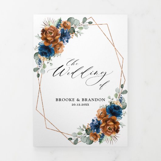 Terracotta Navy Blue Greenery Geometric Wedding Drieluik Programma (Cover)