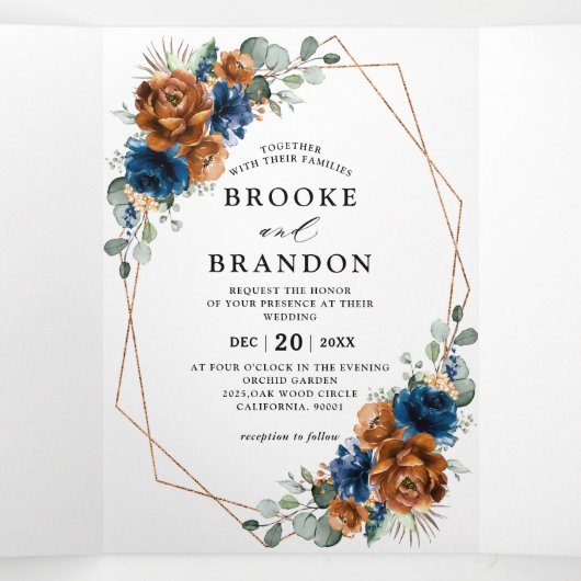Terracotta Navy Blue Greenery Geometric Wedding Drieluik Programma (Binnenkant midden)