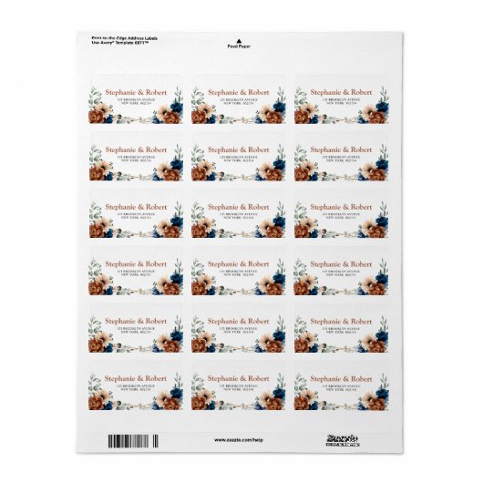 Terracotta Navy Blue Greenery Geometric Wedding Etiket (Full Sheet)