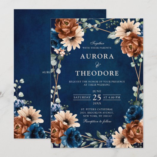 Terracotta Navy Blue Greenery Geometric Wedding in Kaart (Voorkant / Achterkant)