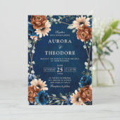 Terracotta Navy Blue Greenery Geometric Wedding in Kaart (Staand voorkant)