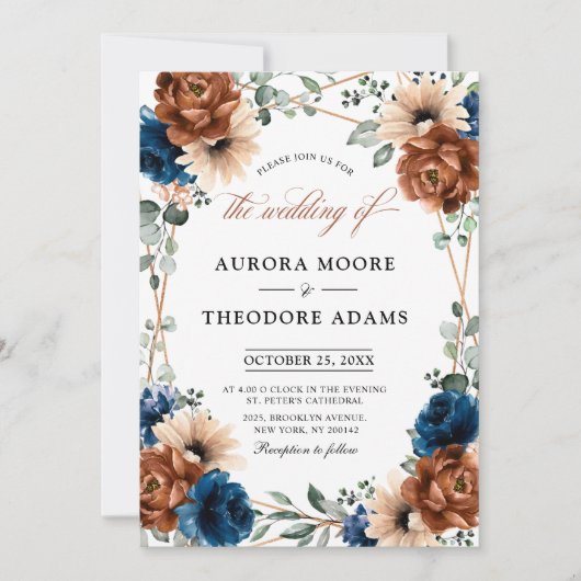 Terracotta Navy Blue Greenery Geometric Wedding in Kaart (Voorkant)