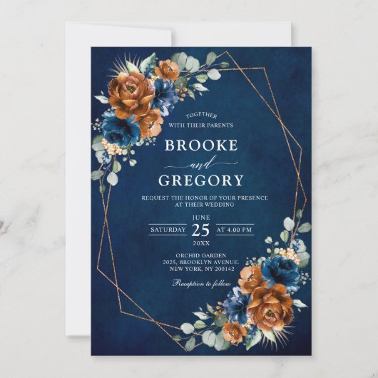 Terracotta Navy Blue Greenery Geometric Wedding in Kaart (Voorkant)