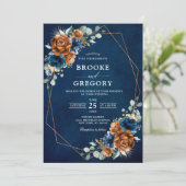 Terracotta Navy Blue Greenery Geometric Wedding in Kaart (Staand voorkant)