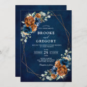 Terracotta Navy Blue Greenery Geometric Wedding in Kaart (Voorkant / Achterkant)