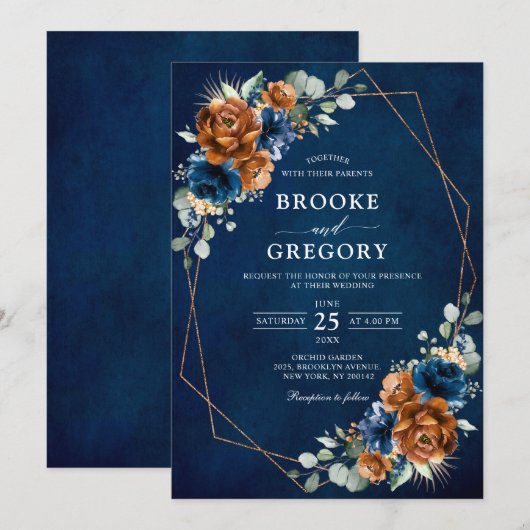Terracotta Navy Blue Greenery Geometric Wedding in Kaart (Voorkant / Achterkant)