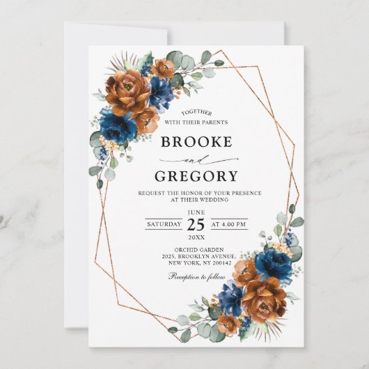 Terracotta Navy Blue Greenery Geometric Wedding Kaart (Voorkant)