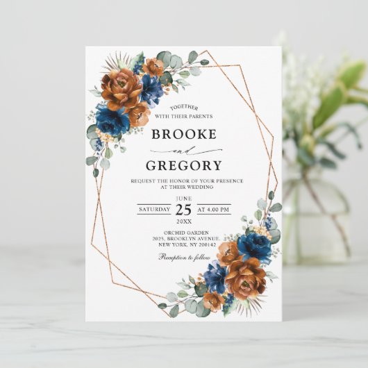 Terracotta Navy Blue Greenery Geometric Wedding Kaart (Staand voorkant)