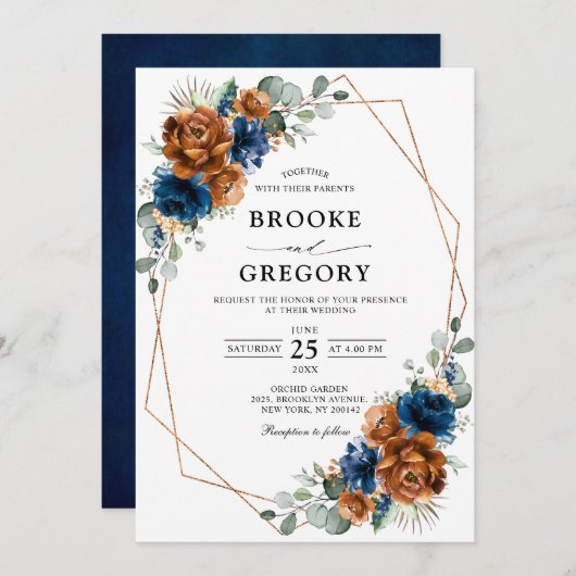 Terracotta Navy Blue Greenery Geometric Wedding Kaart (Voorkant / Achterkant)