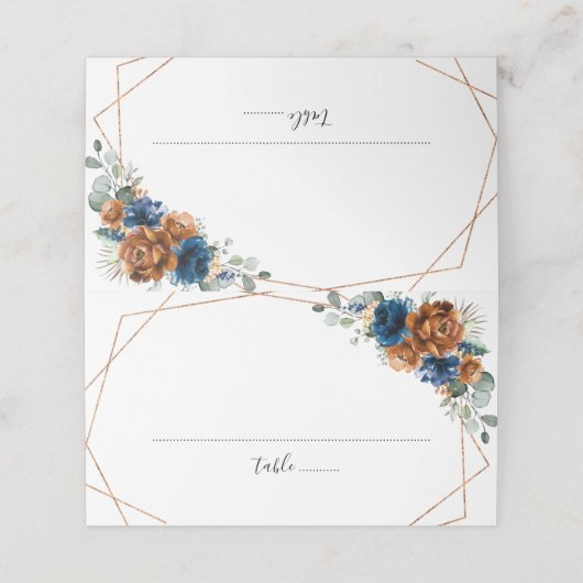 Terracotta Navy Blue Greenery Geometric Wedding Plaatskaartje (Buitenkant ongevouwen)