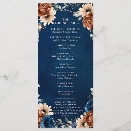 Terracotta Navy Blue Greenery Geometric Wedding Pr Programmakaart (Achterkant)