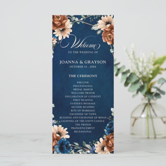 Terracotta Navy Blue Greenery Geometric Wedding Pr Programmakaart (Staand voorkant)