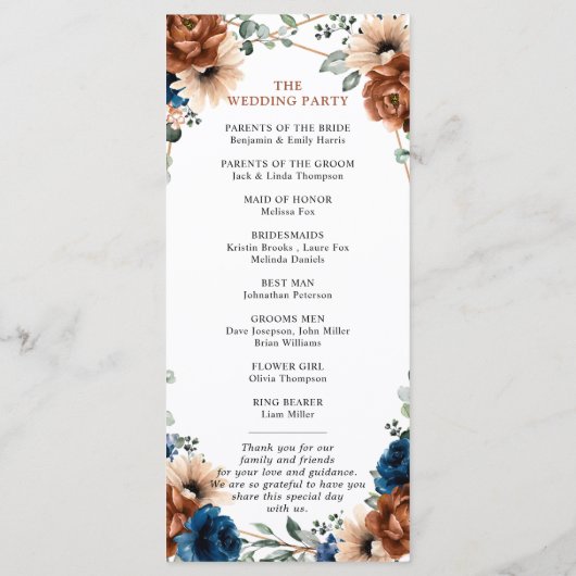 Terracotta Navy Blue Greenery Geometric Wedding Programmakaart (Achterkant)