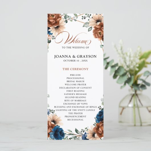Terracotta Navy Blue Greenery Geometric Wedding Programmakaart (Staand voorkant)