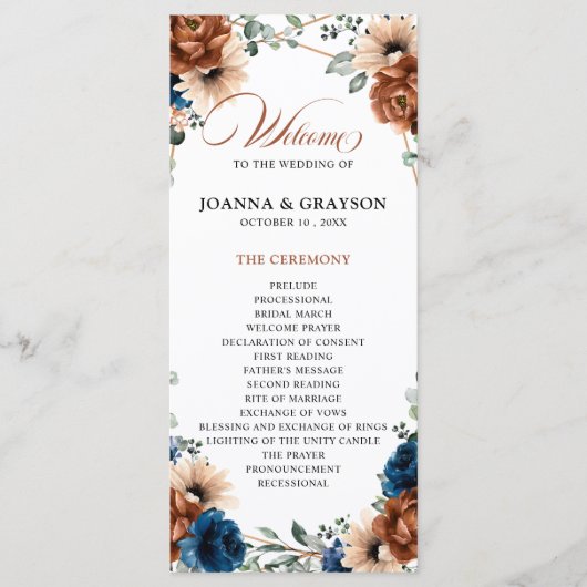 Terracotta Navy Blue Greenery Geometric Wedding Programmakaart (Voorkant)
