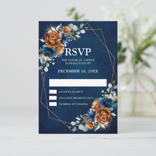 Terracotta Navy Blue Greenery Geometric Wedding RS RSVP Kaartje (Staand voorkant)