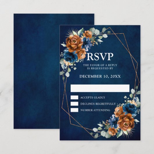 Terracotta Navy Blue Greenery Geometric Wedding RS RSVP Kaartje (Voorkant / Achterkant)