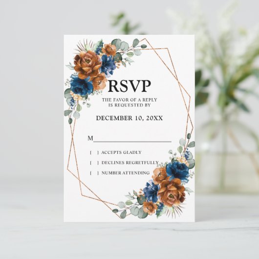 Terracotta Navy Blue Greenery Geometric Wedding RSVP Kaartje (Staand voorkant)