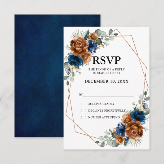 Terracotta Navy Blue Greenery Geometric Wedding RSVP Kaartje (Voorkant / Achterkant)