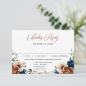 Terracotta Navy Blue Greenery Geometric Wedding RSVP Kaartje (Staand voorkant)