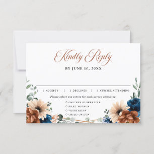 Terracotta Navy Blue Greenery Geometric Wedding RSVP Kaartje