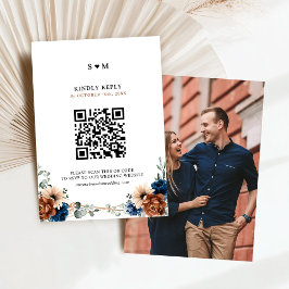 Terracotta Navy Blue Greenery Geometric Wedding RSVP Kaartje