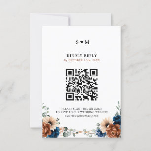 Terracotta Navy Blue Greenery Geometric Wedding RSVP Kaartje