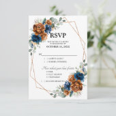 Terracotta Navy Blue Greenery Geometric Wedding RSVP Kaartje (Staand voorkant)
