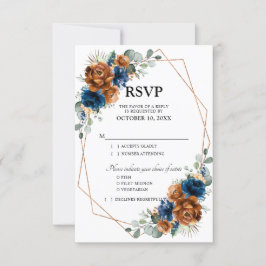 Terracotta Navy Blue Greenery Geometric Wedding RSVP Kaartje