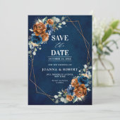 Terracotta Navy Blue Greenery Geometric Wedding Sa Save The Date (Staand voorkant)