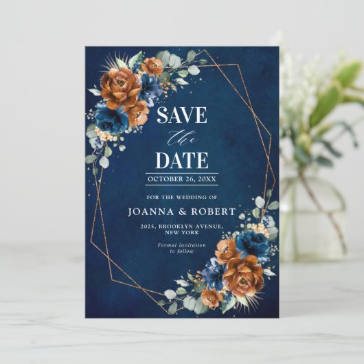 Terracotta Navy Blue Greenery Geometric Wedding Sa Save The Date (Staand voorkant)