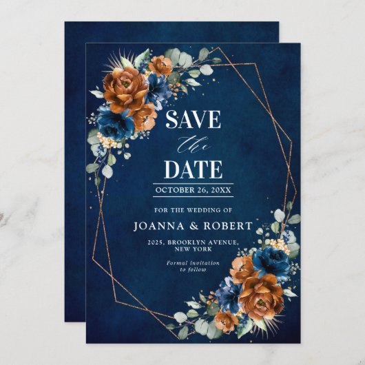Terracotta Navy Blue Greenery Geometric Wedding Sa Save The Date (Voorkant / Achterkant)