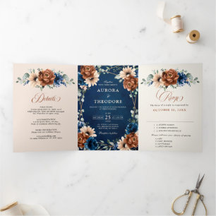 Terracotta Navy Blue Greenery Geometric Wedding Tr Drieluik Aankondiging