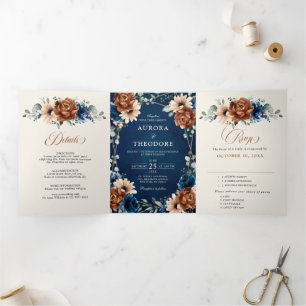 Terracotta Navy Blue Greenery Geometric Wedding Tr Drieluik Aankondiging
