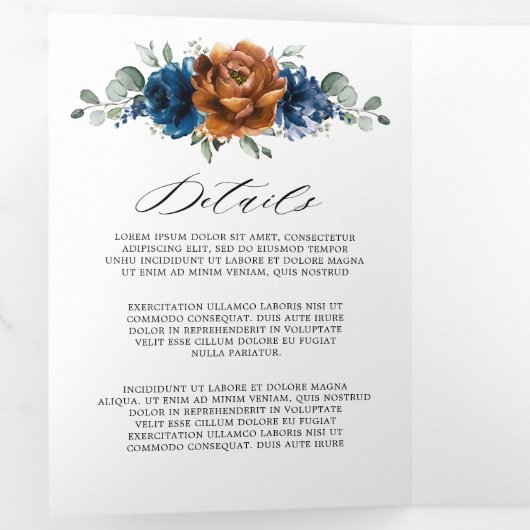 Terracotta Navy Blue Greenery Geometric Wedding Tr Drieluik Programma (Binnenzijde eerst)