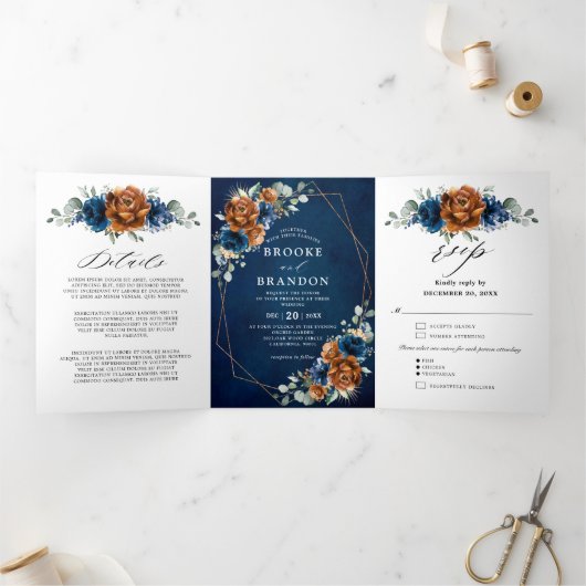 Terracotta Navy Blue Greenery Geometric Wedding Tr Drieluik Programma (Binnen)