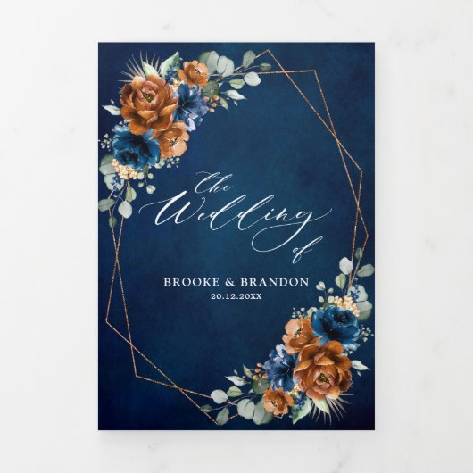 Terracotta Navy Blue Greenery Geometric Wedding Tr Drieluik Programma (Cover)